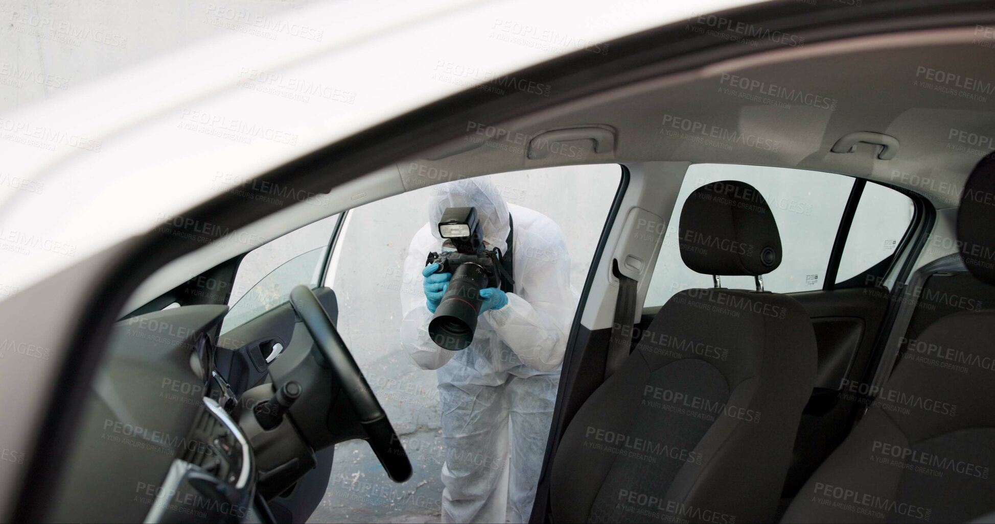 Buy stock photo Forensic, investigation and photography of evidence in crime scene car for accident, burglary and research analysis. Science, csi and photographer with pictures in transport vehicle for observation