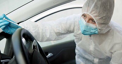 Science, csi and swab for dna evidence in crime scene car for investigation of accident and burglary with hazmat. Forensic, research analysis and person with sample collection for medical observation