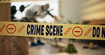 Crime scene tape, photography and people in house for evidence, investigation and inspection. Law enforcement, forensic analysis and police team take pictures in apartment of victim, murder or search