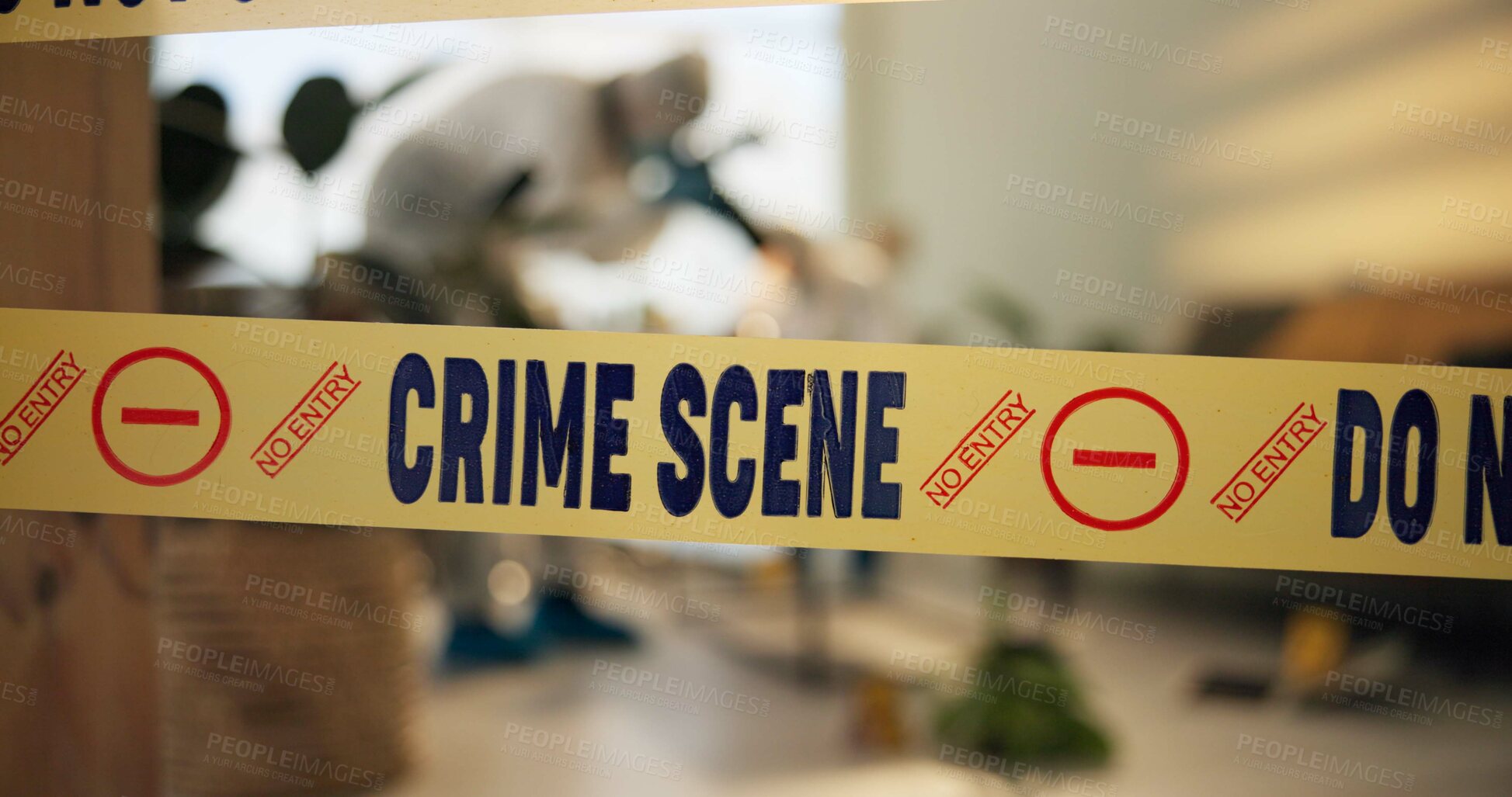 Buy stock photo Crime scene tape, photography and people in house for evidence, investigation and inspection. Law enforcement, forensic analysis and police team take pictures in apartment of victim, murder or search