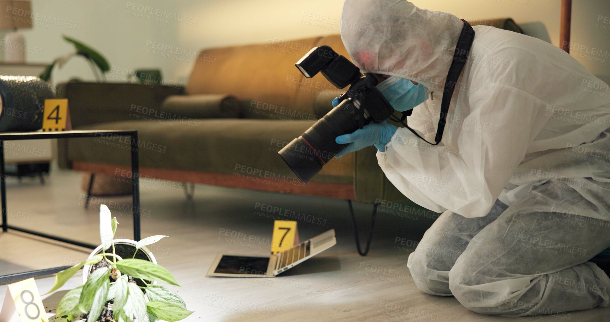 Buy stock photo Csi, photographer and evidence at crime scene for investigation of house burglary or murder analysis. Forensic, person and digital pictures in hazmat for observation, examination and case research