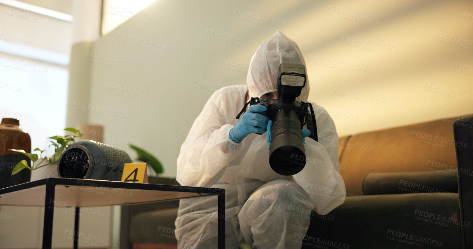 Buy stock photo Csi, photographer and forensic at crime scene for investigation of house burglary or murder analysis. Evidence, person and digital pictures in hazmat for observation, examination and case research