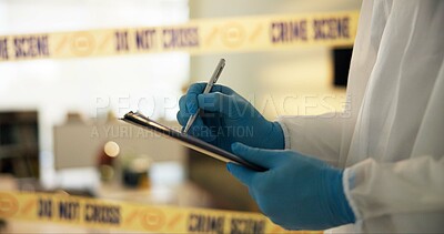 Hand, house and crime scene with writing for evidence or notes in robbery for evidence, safety and report. Forensics, police tape and investigation at home for dna, analysis and criminal activity.