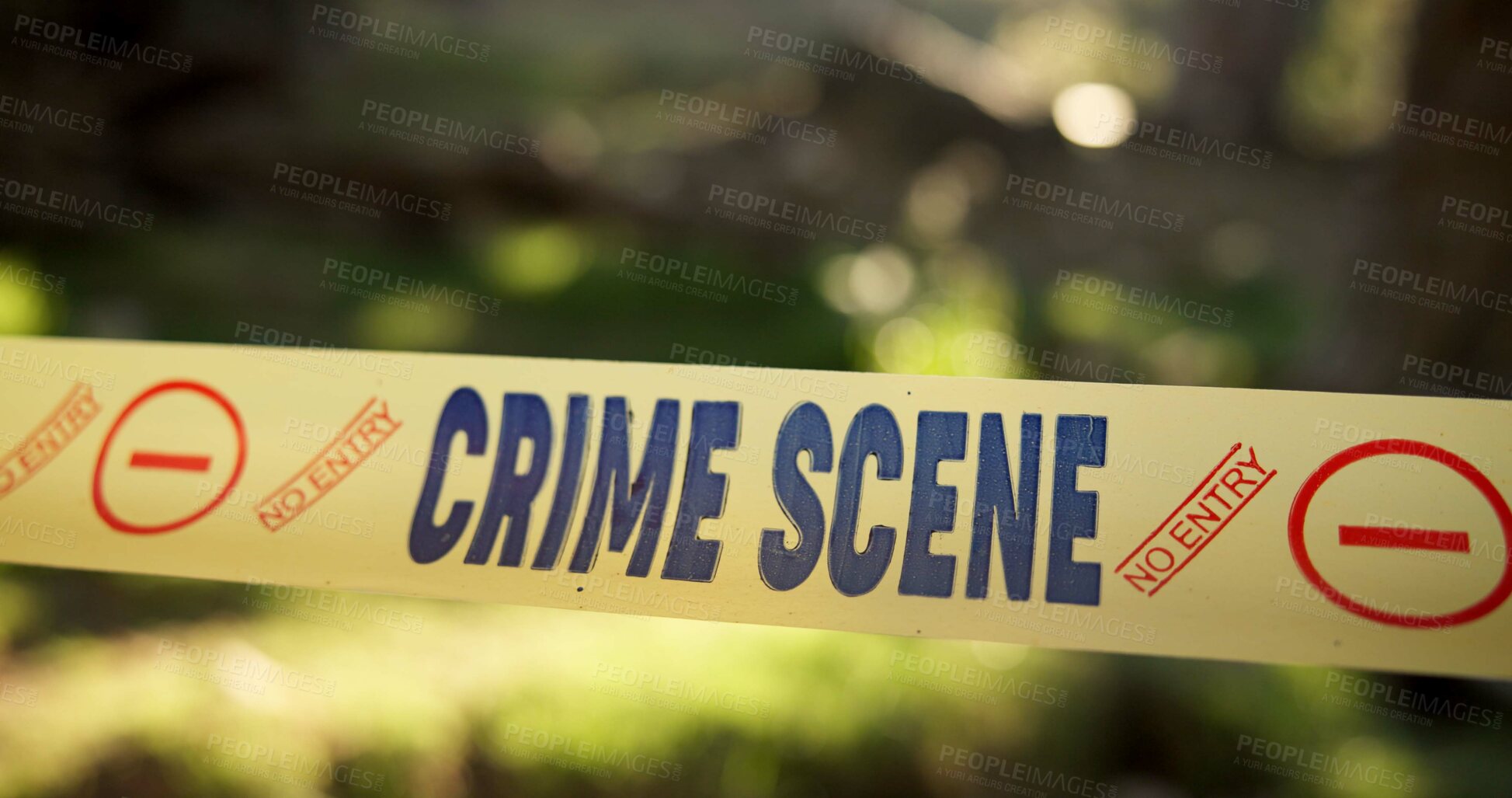 Buy stock photo Police, yellow line and crime scene in outdoor for murder, homicide and restricted area for investigation. No entry, cross or prohibition sign for public and forensic collection of evidence on field