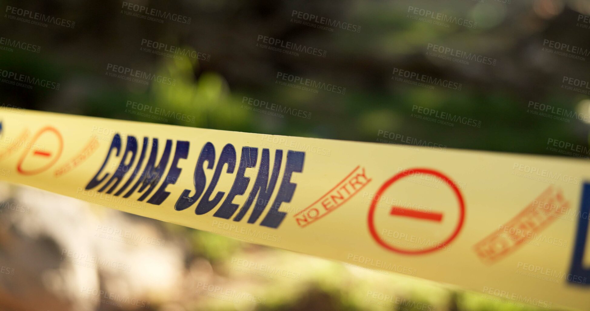 Buy stock photo Police, yellow line or crime scene in outdoor for emergency, homicide or restricted area for investigation. Barricade, no entry or prohibition sign for public or forensic tape for accident or caution