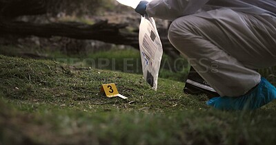 Csi, collect or evidence at crime scene for investigation in forest with safety bag or protection hazmat. Forensic career, expert investigator and examination for observation or case research outdoor