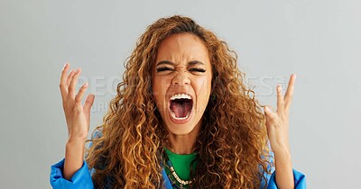 Buy stock photo Woman, anger and screaming with depression in studio for stress, mental health and death by background. Girl, person or model with anxiety, frustrated and shouting with rage, fist and panic attack