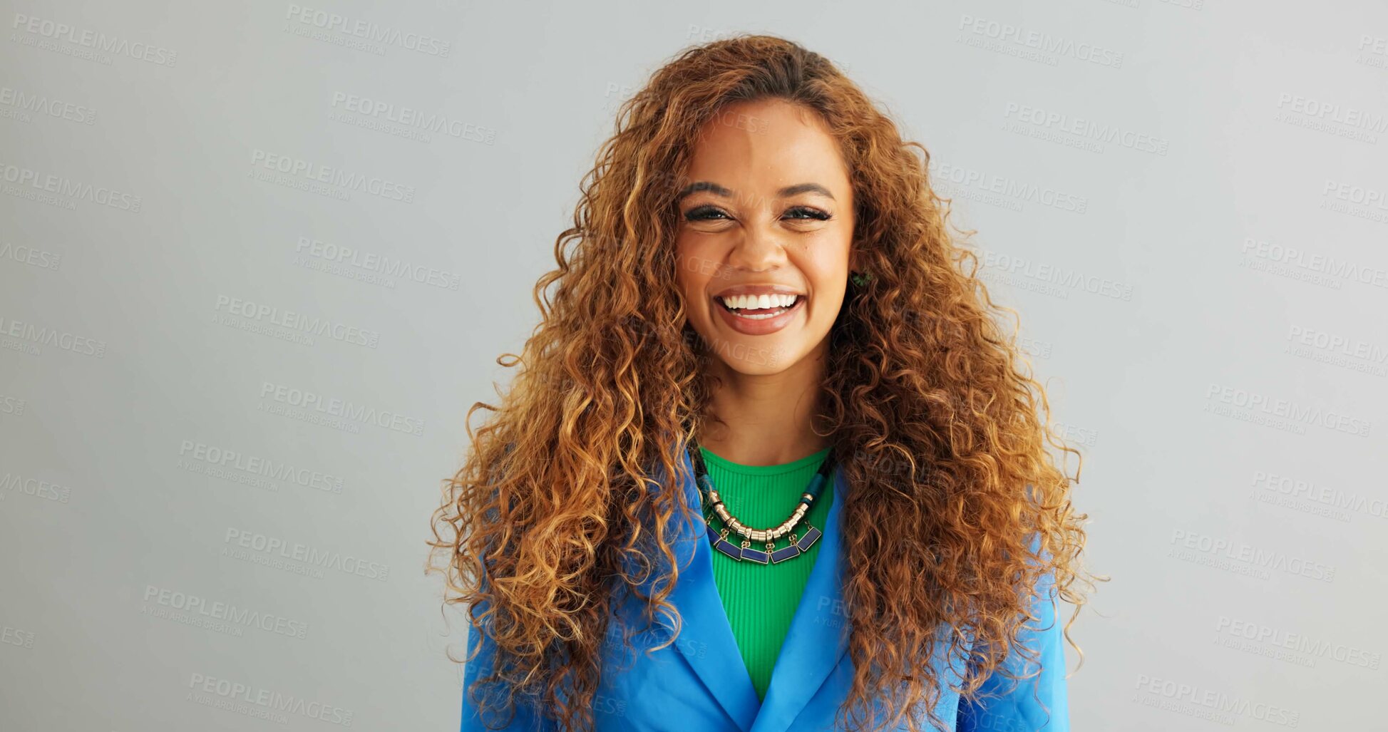Buy stock photo Happy, laughing and face of business woman on gray background with funny joke, humor and comedy. Professional, fashion and portrait of person smile for career, opportunity and confidence in studio
