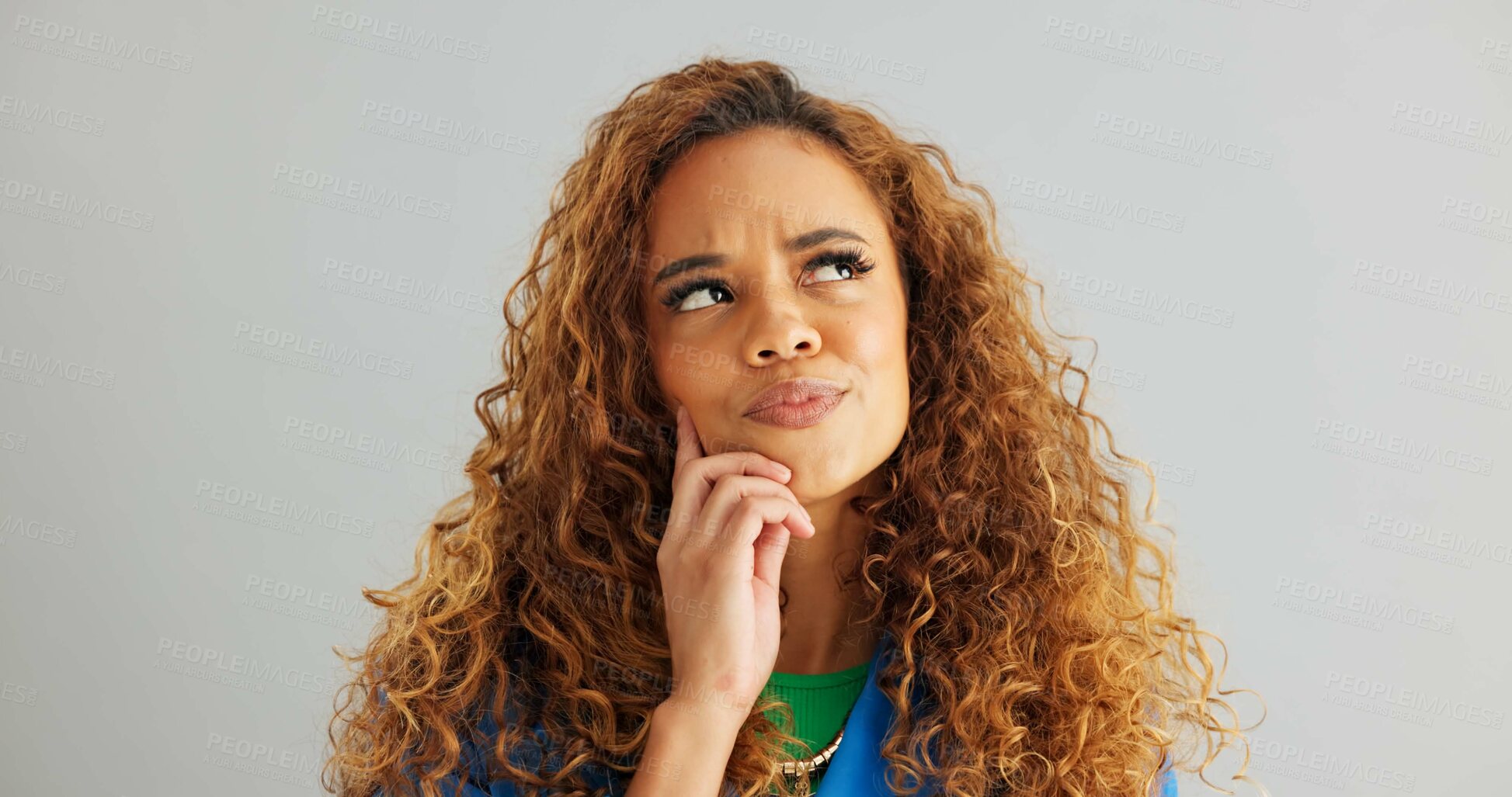 Buy stock photo Woman, thinking and idea with decision for choice, selection or pick on a gray studio background. Face of female person in wonder, thought or contemplating offer to choose or opportunity on mockup