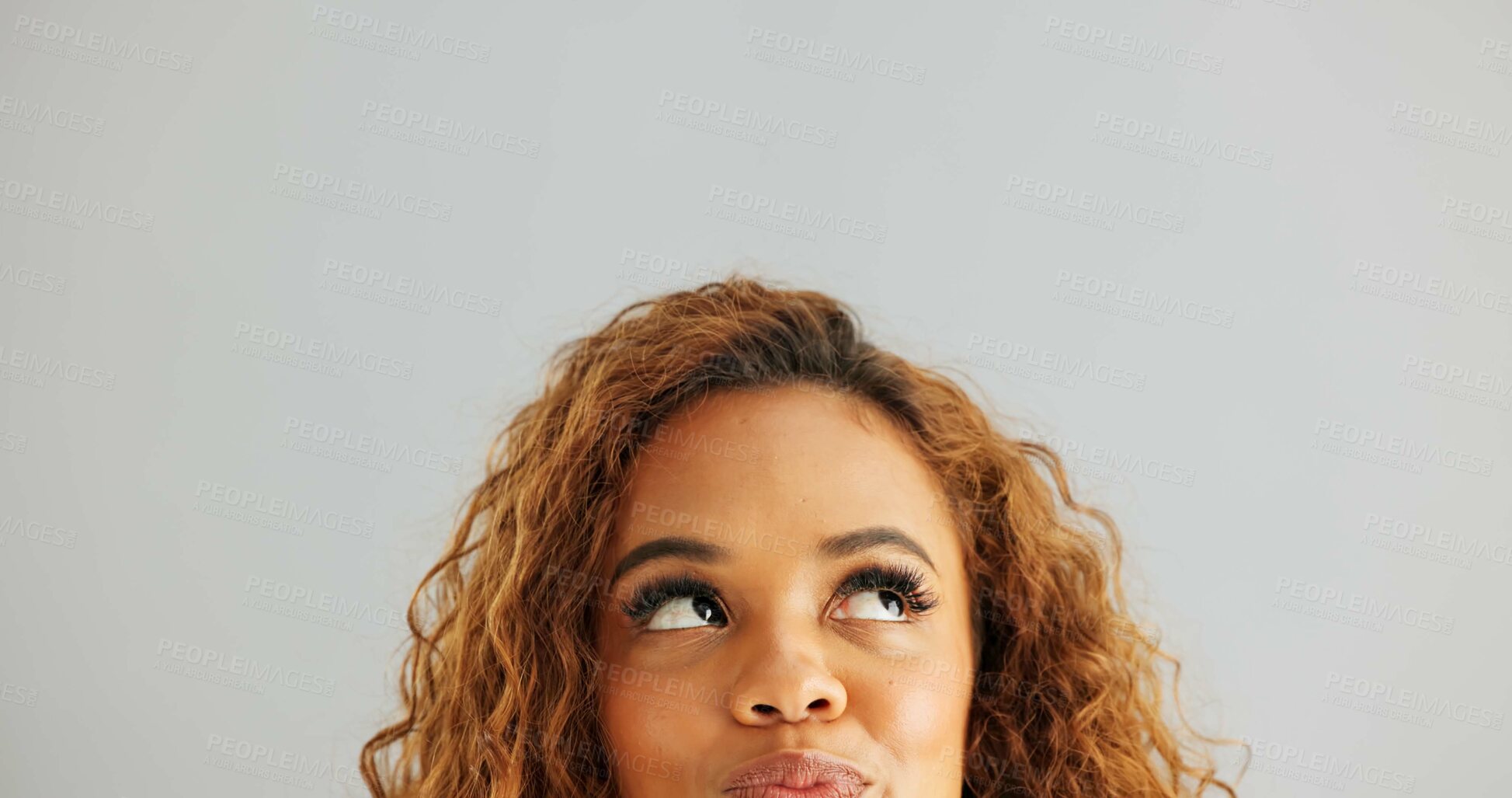 Buy stock photo Woman, face and thinking with decision, choice or selection on a gray studio background. Closeup of female person, model or forehead in wonder or thought for choose, option or picking on mockup space