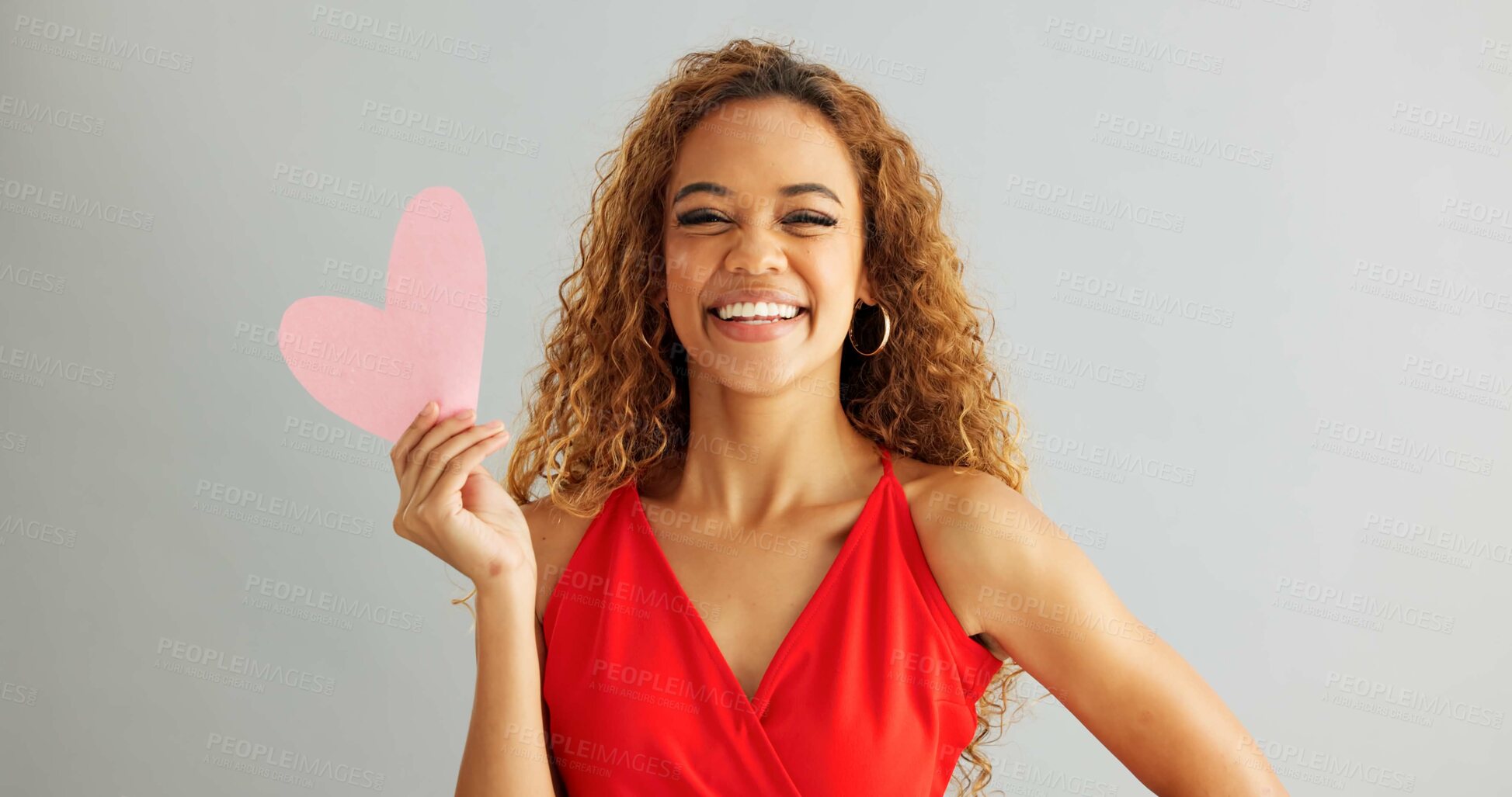 Buy stock photo Woman, love and kiss face with paper heart for opinion, romance or thinking with ideas on grey background. Face, emoji and female person with happiness for kindness, vote or support on valentines day