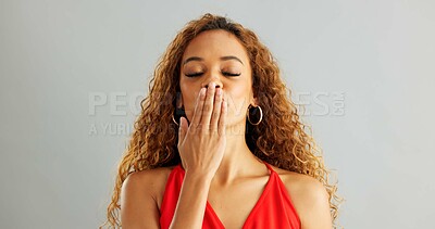 Woman, fashion and blow kiss with smile in studio on white background, happiness and trendy outfit. Closeup, female person and excited with colorful top for style, clothes and confident with design