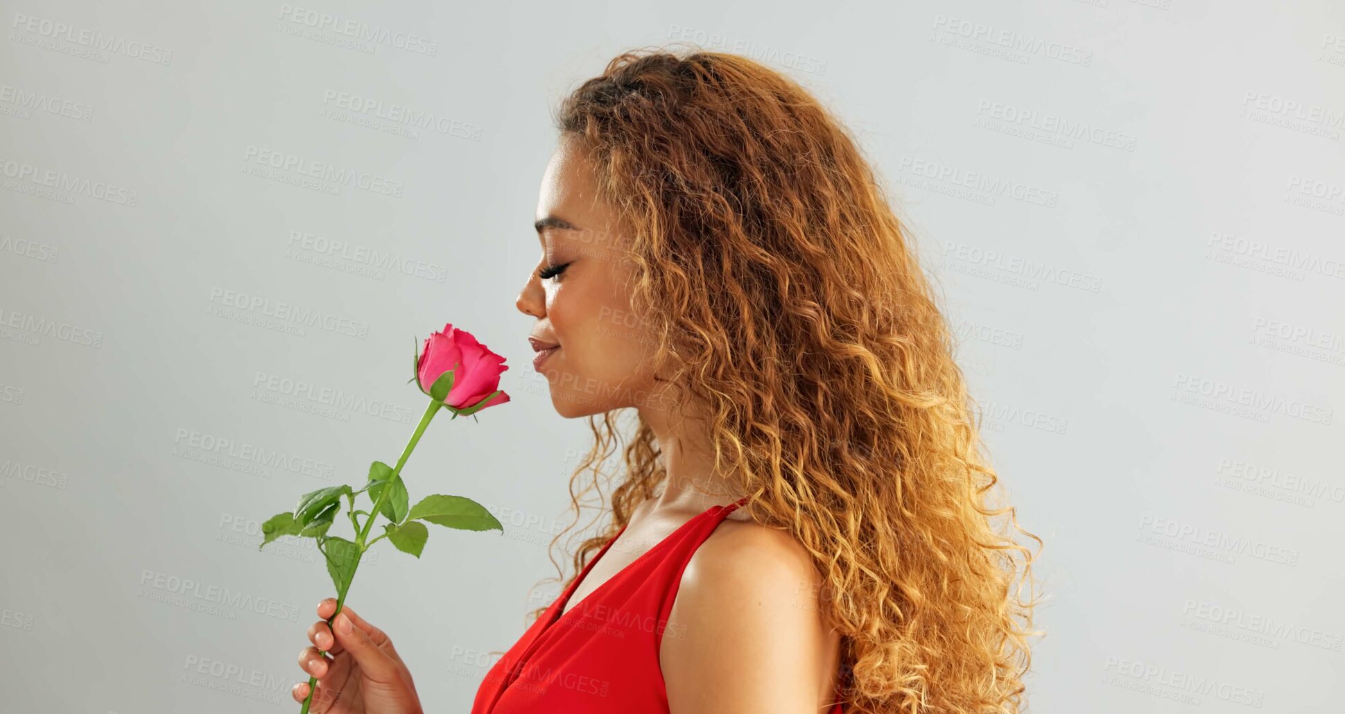 Buy stock photo Young, woman and rose in studio with smile for gift, kindness and gratitude with scent or fragrance on a white background. Face of excited, African person or model with pink flower for valentines day