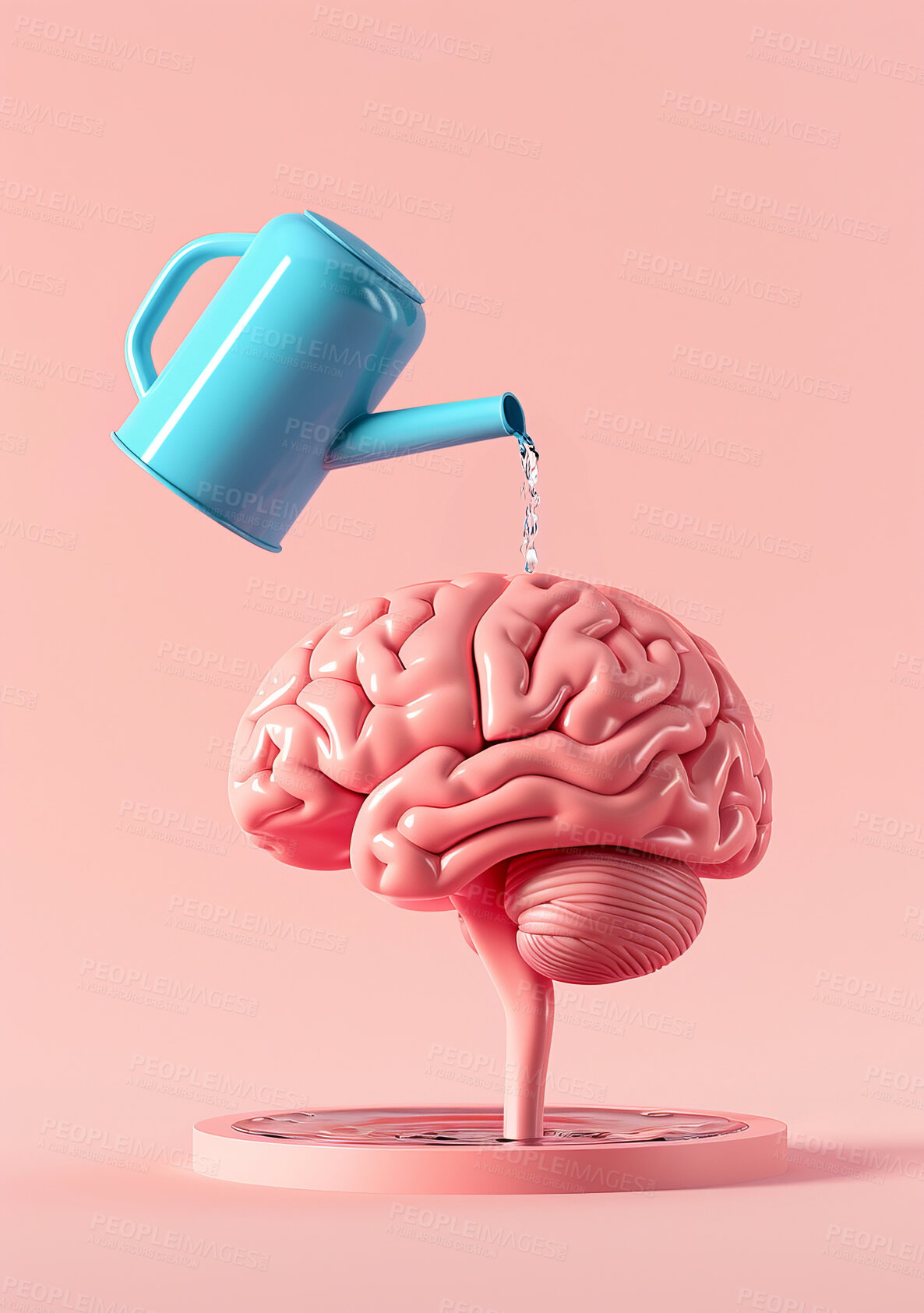 Buy stock photo Graphic, brain and water can with growth, knowledge and sustainability for future creativity. Learning, vision and intelligence with mind, goals and mindset art for education or mental health