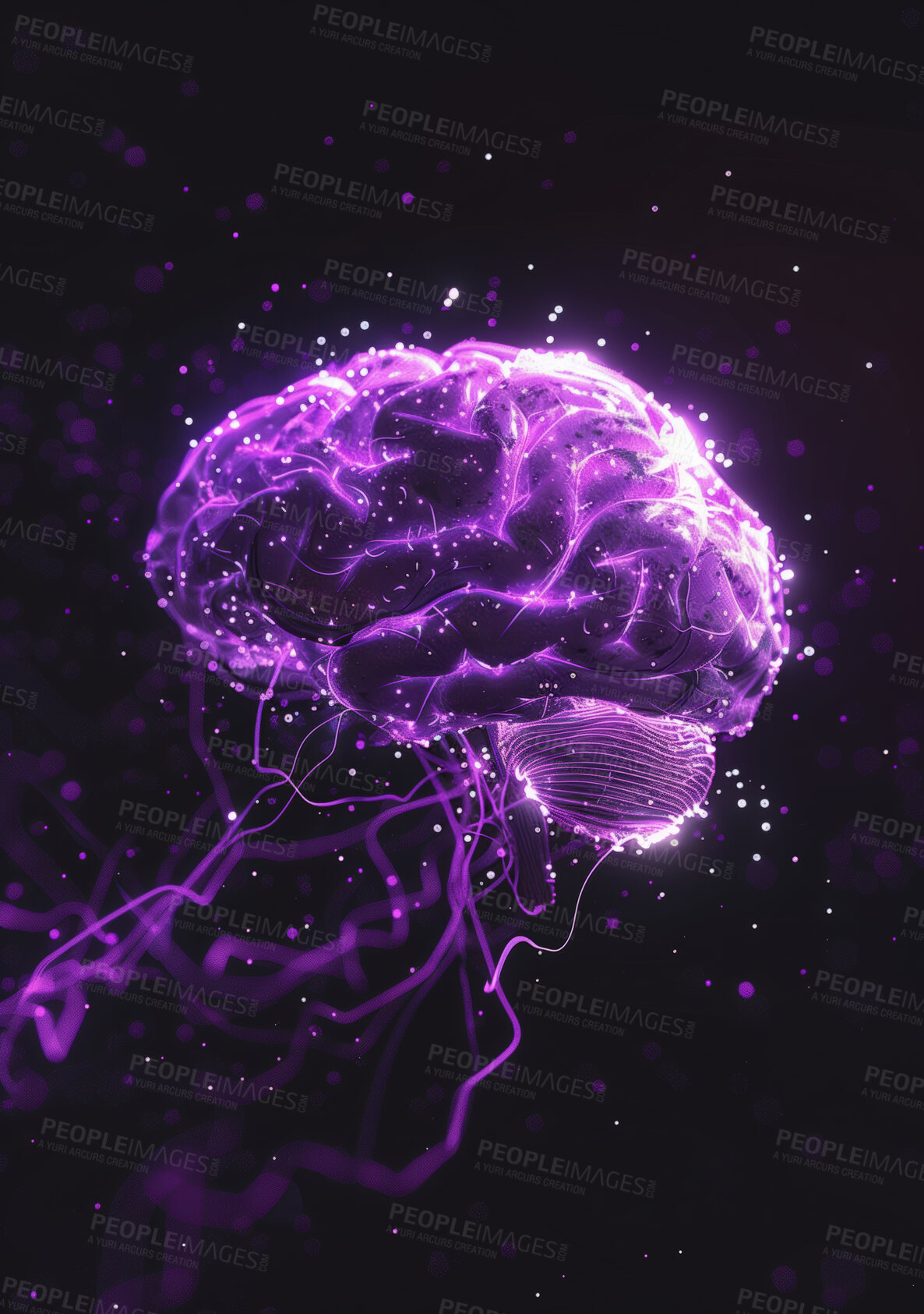 Buy stock photo Human, brain and connectivity or neon illustration, art or cerebral hemisphere for ideas and creative thinking. Intelligent, network and anatomy for information processing, graphic and neuro pattern