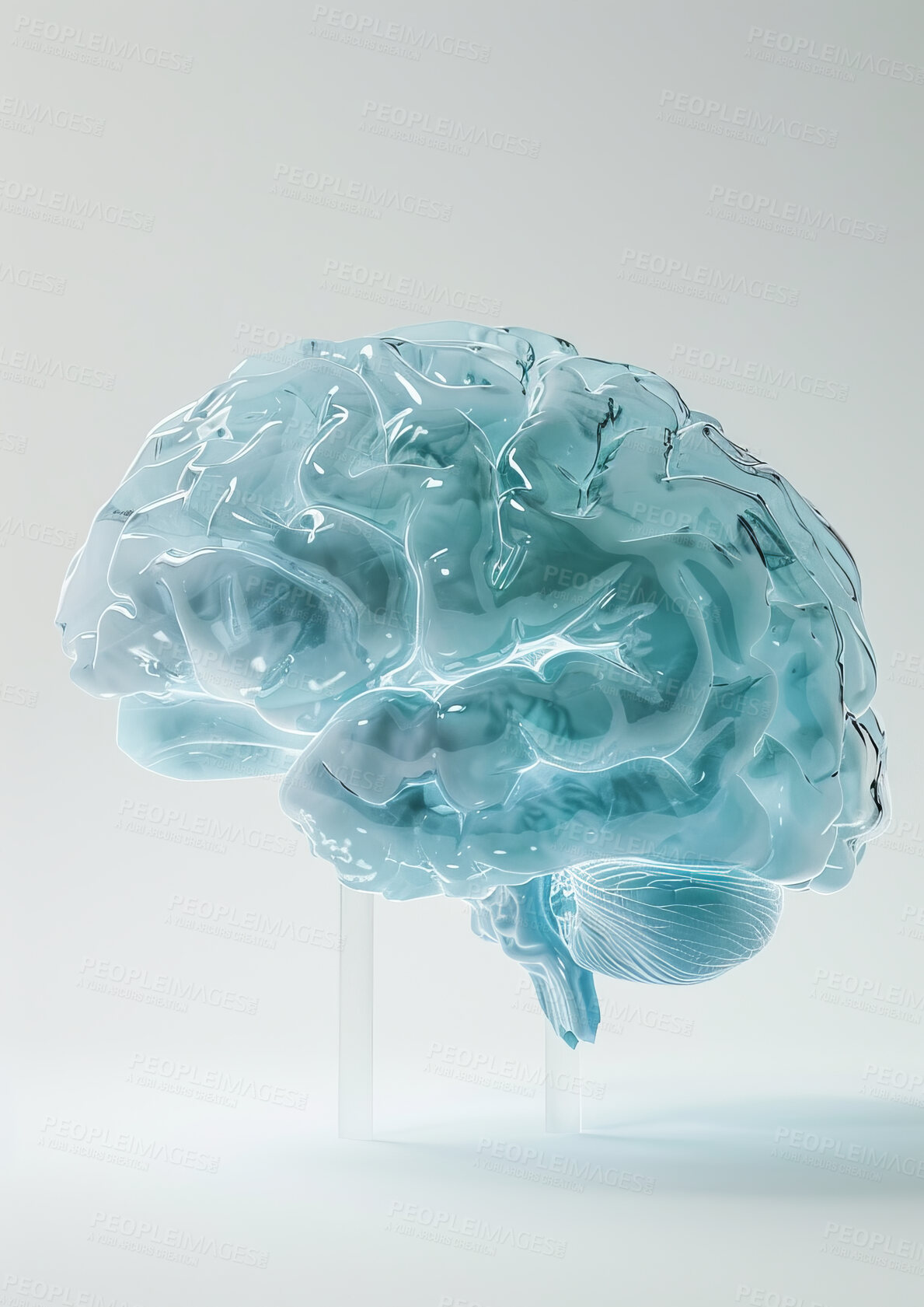 Buy stock photo 3d, brain and anatomy with glass, model and neuroscience research for creativity and planning. Learning, growth and intelligence with mind, goals and thinking art for education or mental health