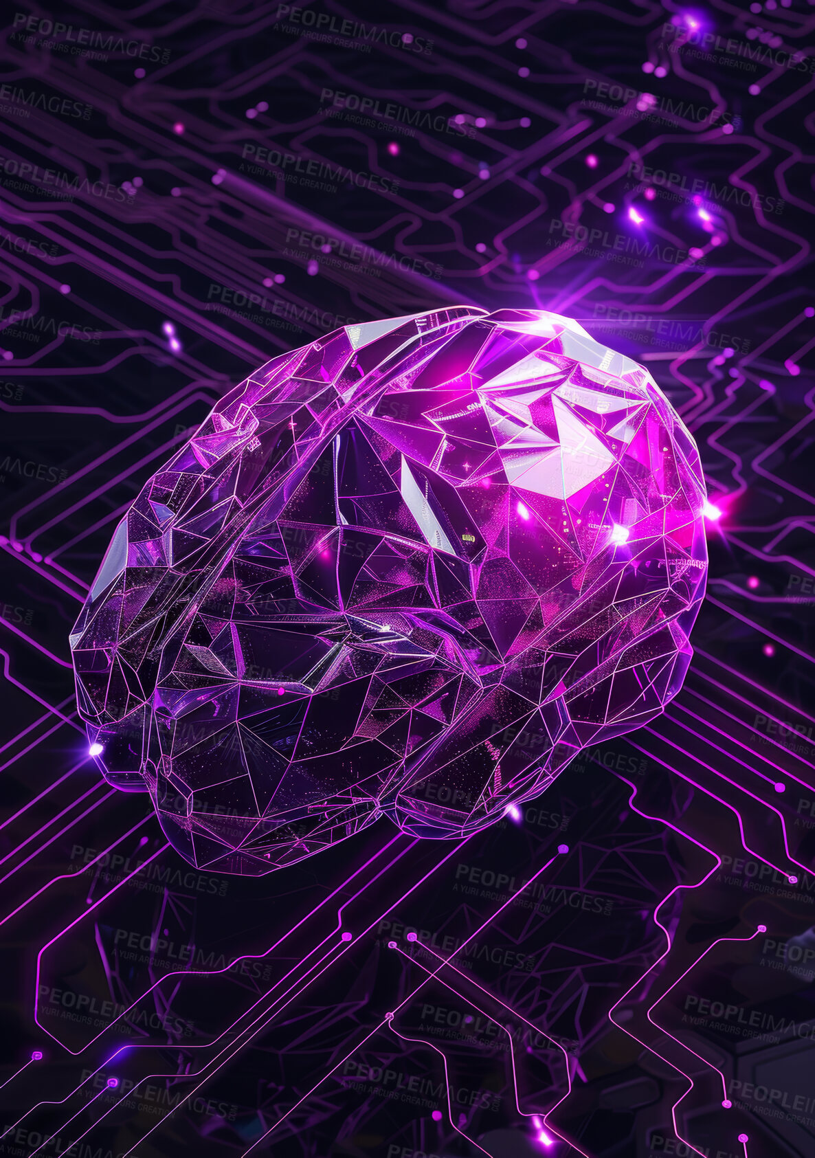 Buy stock photo Data, technology and brain with neon circuit board for geometric programming, cybersecurity and future engineering. Neuro, learning and ai research for thinking pattern, connection or Alzheimer study