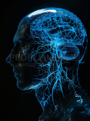 Science, dark or graphic of human brain for study of neurology, thinking or biology research. Black background, mind or learning of psychology, neuroscience and medical anatomy for nervous system