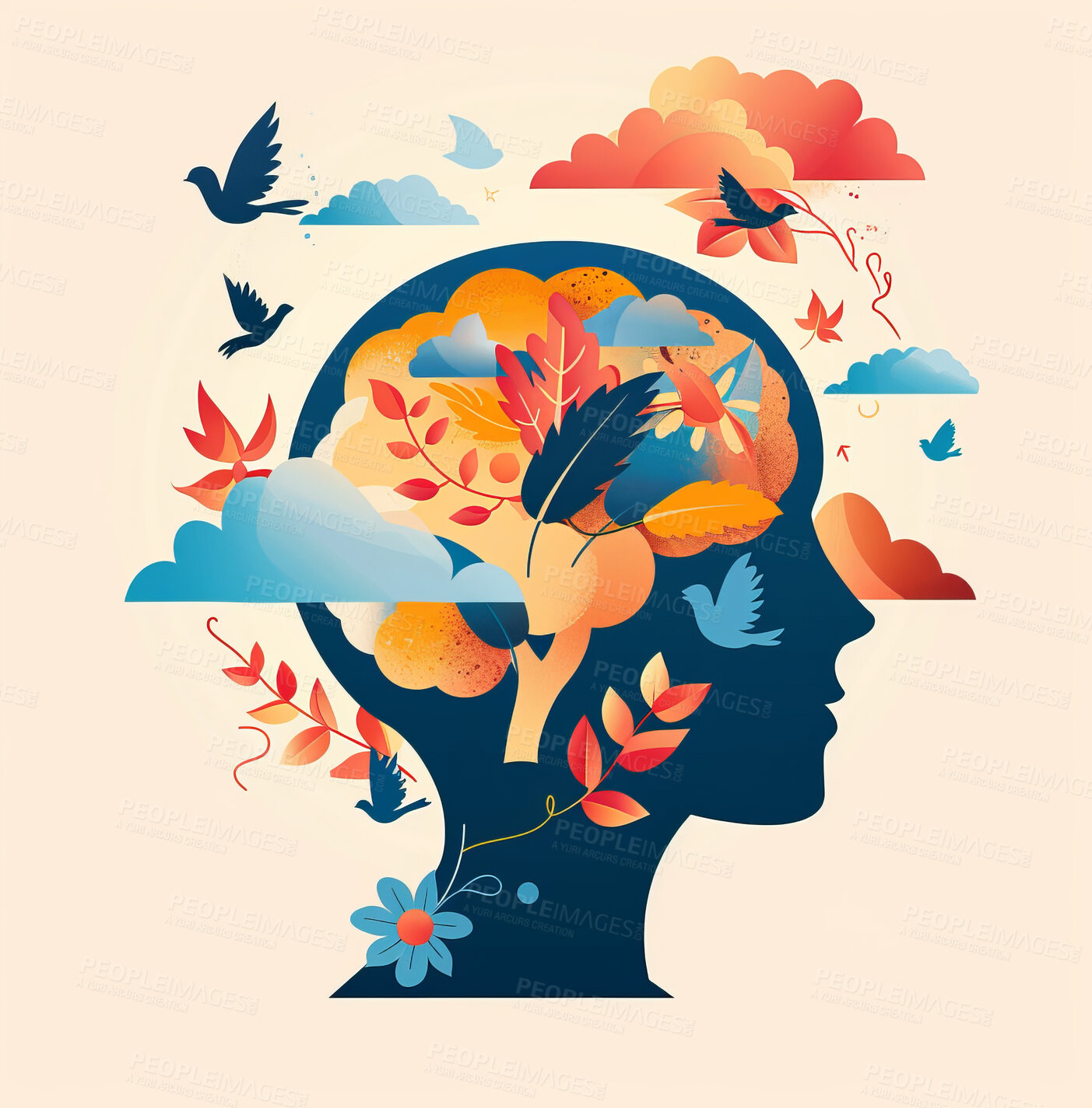 Buy stock photo Graphic, head and thinking with vision, nature and sustainability for creativity and knowledge. Learning, growth and intelligence with mind, goals and mindset art for education or mental health