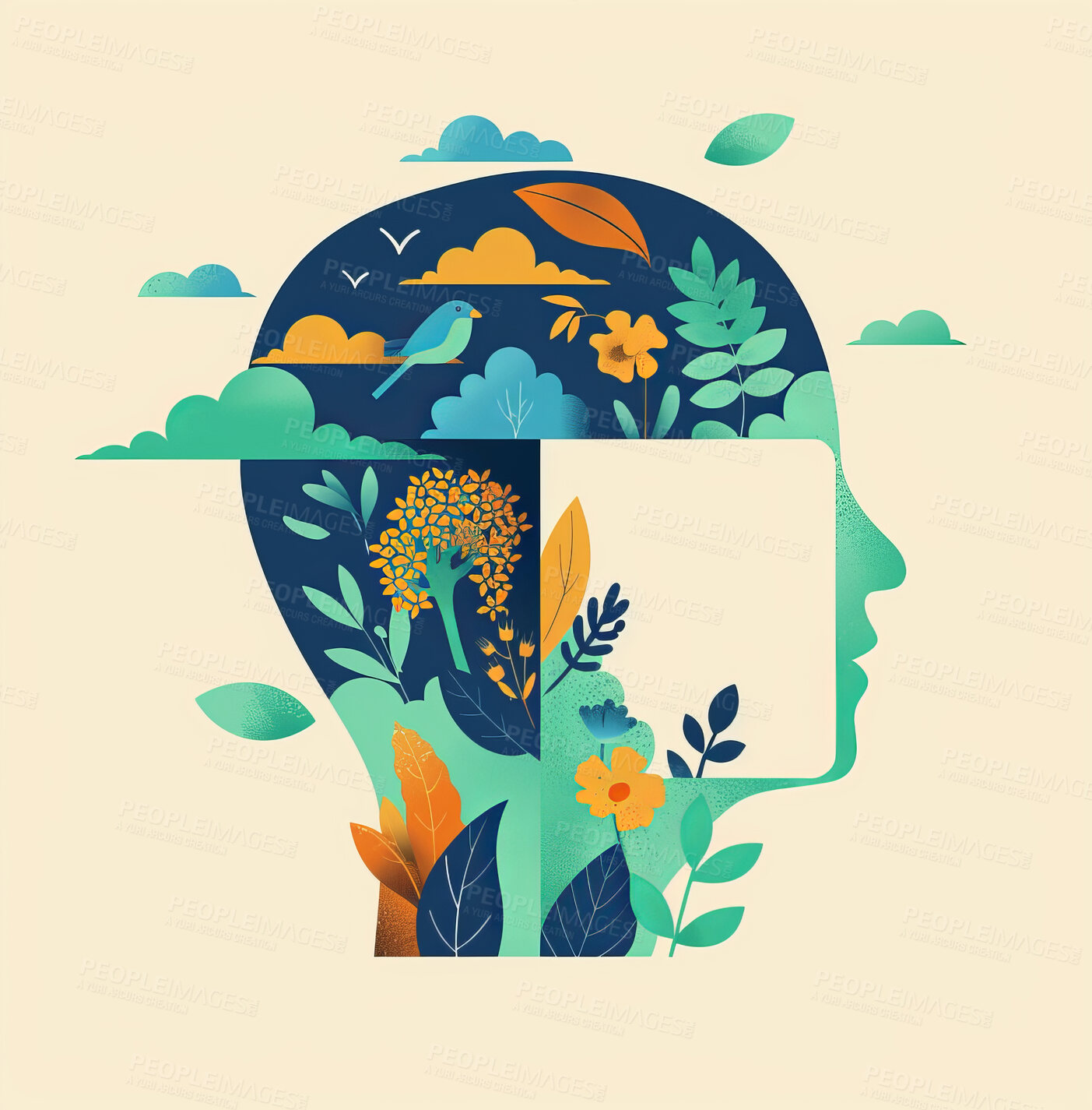 Buy stock photo Graphic, head and thinking with growth, knowledge and sustainability for creativity and nature. Learning, vision and intelligence with mind, goals and mindset art for education or mental health