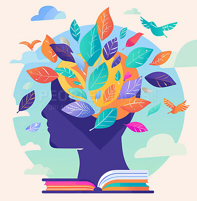 Graphic, art and illustration of head with nature for mental health, knowledge and development. Cartoon book, leaves and sky with psychology abstract for education, mindfulness and growth in clouds