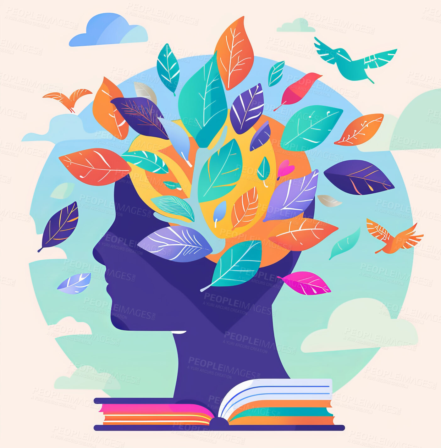 Buy stock photo Graphic, art and illustration of head with nature for mental health, knowledge and development. Cartoon book, leaves and sky with psychology abstract for education, mindfulness and growth in clouds