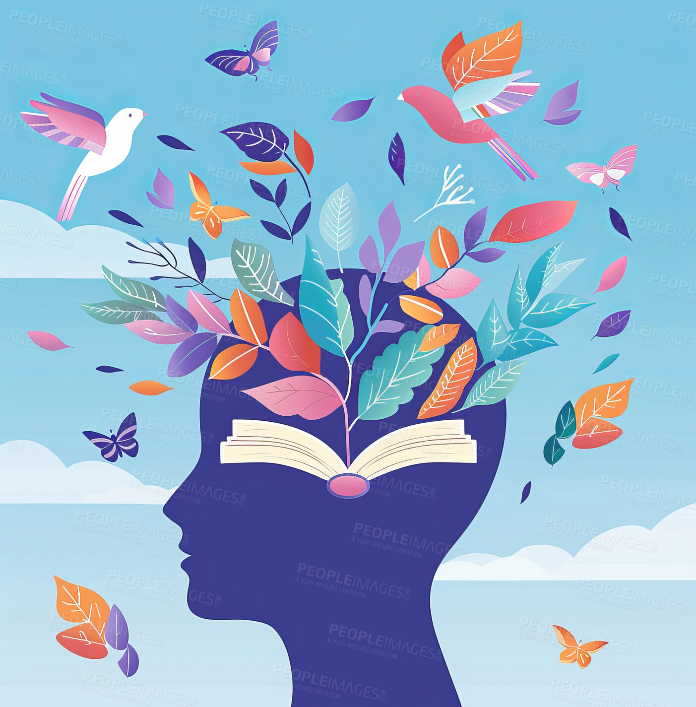 Buy stock photo Graphic, head and thinking with vision, knowledge and sustainability for creativity and nature. Learning, growth and intelligence with mind, goals and mindset art for education or mental health