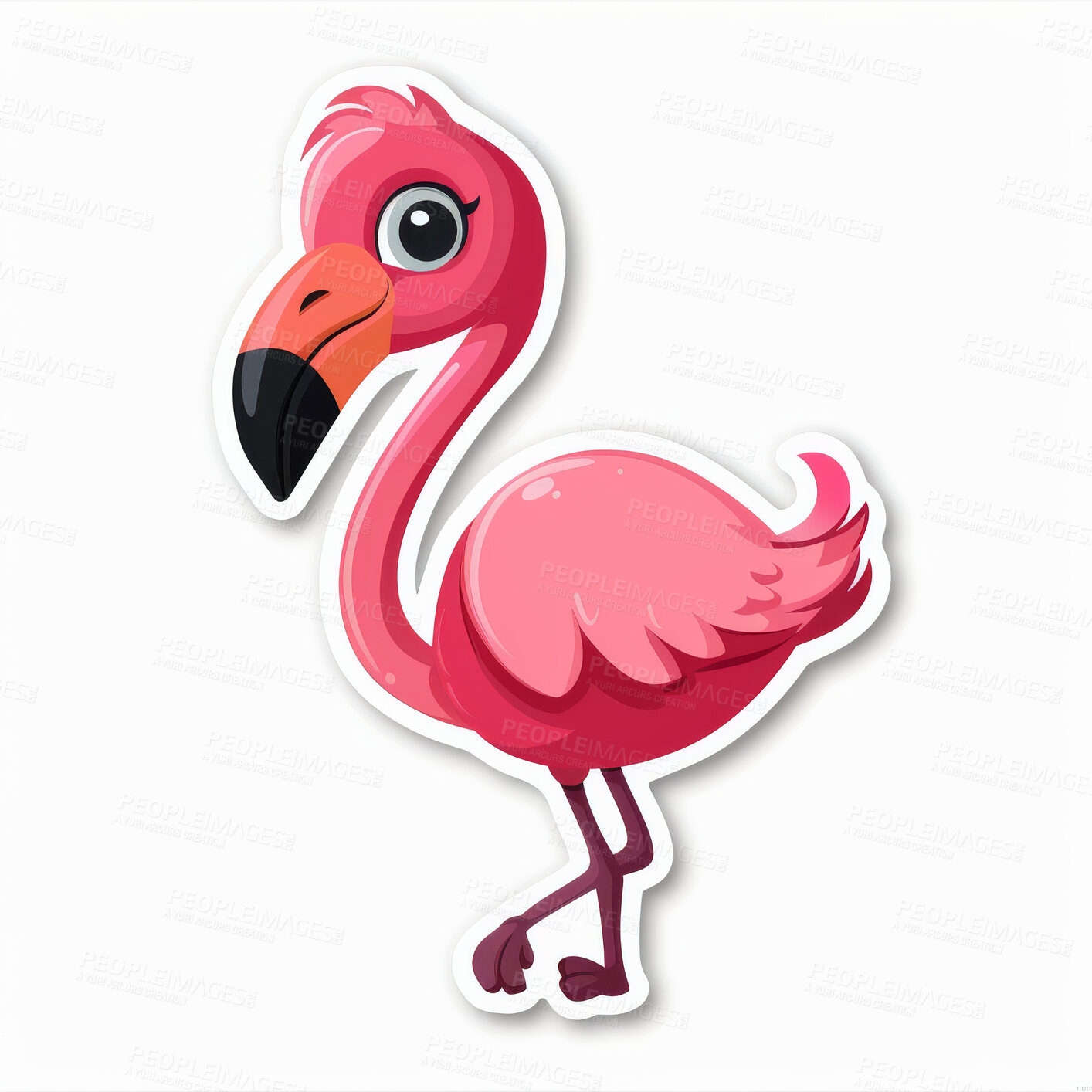 Buy stock photo Sticker, art or flamingo as funny, cartoon or character as graphic, vector or vinyl design. Pink, bird or curious of cheerful, digital painting or aesthetic of holiday femininity on white background