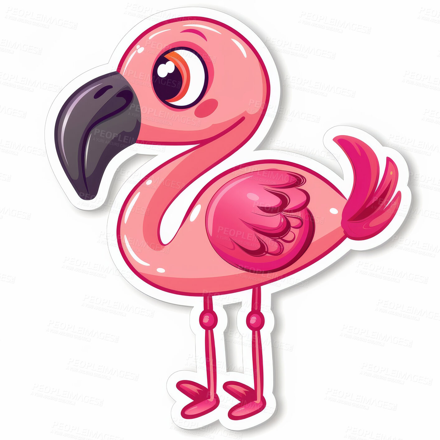 Buy stock photo Sticker art, flamingo illustration and animal icon or emoji for creative logo with white background. Cute, bird and vinyl design for fun decoration summer break, holiday and party aesthetic 