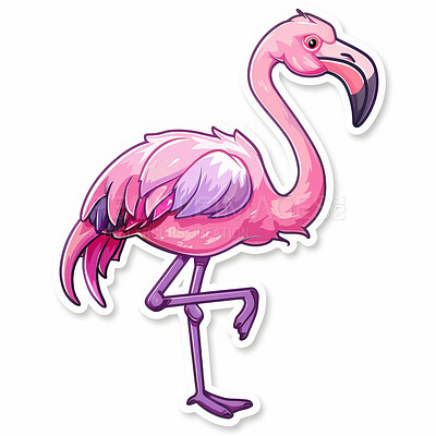 Buy stock photo Pop art, flamingo or illustration as sticker, creative or abstract of balance, tropical or harmony. Pink, purple or bird on one leg as digital painting, vinyl or design of print on white background