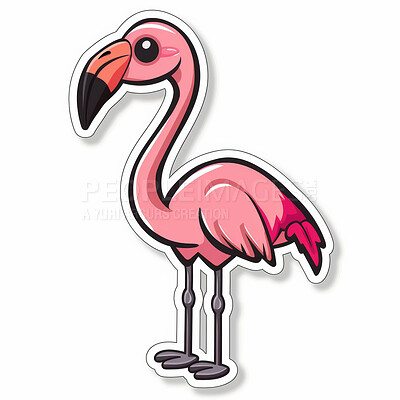 Buy stock photo Flamingo, sticker and art illustration as icon on white background or emoji design of animal, graphic or mockup. Bird, creativity and abstract symbol or summer vacation logo, tropical or scrapbook