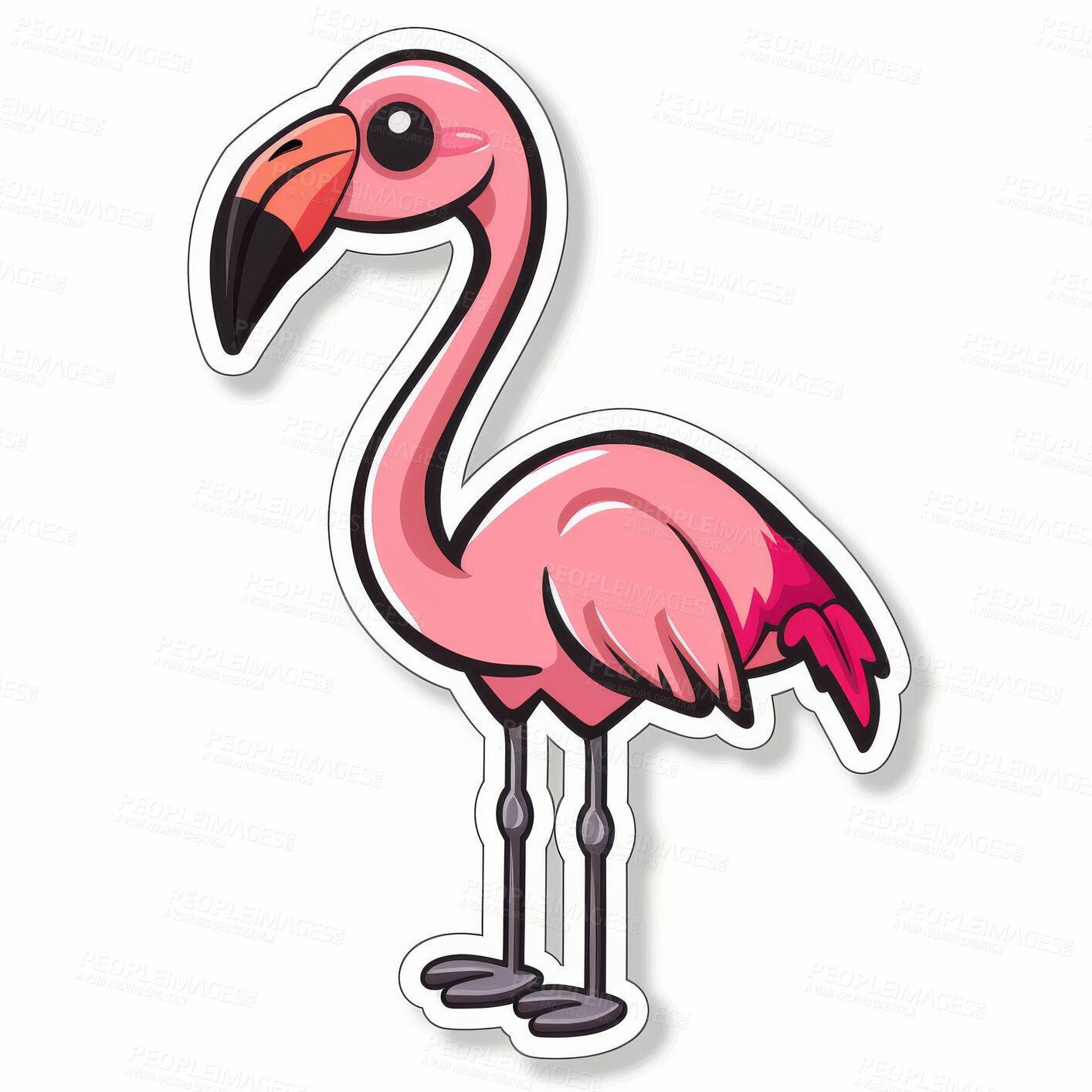 Buy stock photo Flamingo, sticker and art illustration as icon on white background or emoji design of animal, graphic or mockup. Bird, creativity and abstract symbol or summer vacation logo, tropical or scrapbook