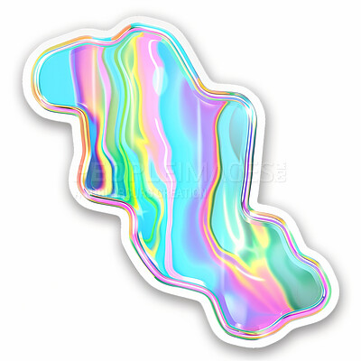 Holographic, shape and creative graphic sticker for vinyl print on white background or mockup. Metallic, texture and iridescent colorful bubble of futuristic chrome pattern with abstract neon badge