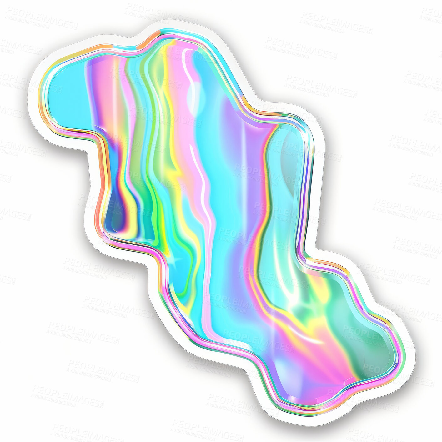 Buy stock photo Holographic, shape and creative graphic sticker for vinyl print on white background or mockup. Metallic, texture and iridescent colorful bubble of futuristic chrome pattern with abstract neon badge