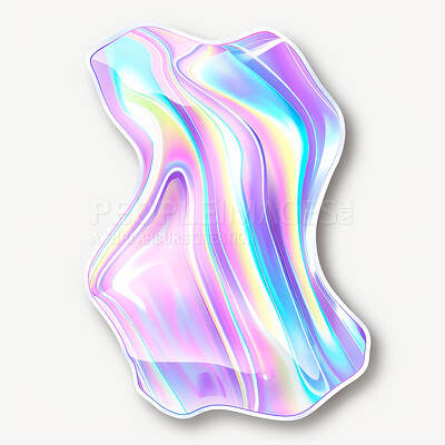 Graphic, sticker and creative holographic shape in vinyl print on white background or mockup. Metallic, texture and iridescent colorful bubble of futuristic chrome pattern with abstract neon badge