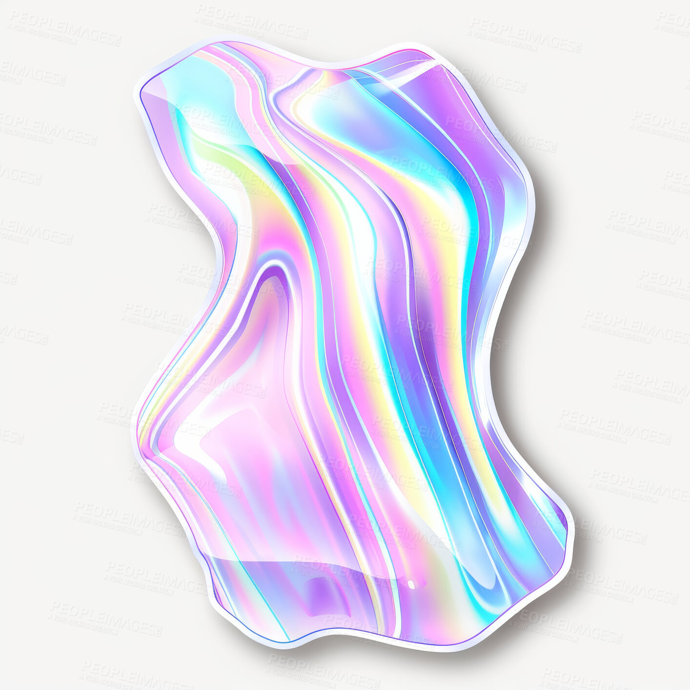 Buy stock photo Graphic, sticker and creative holographic shape in vinyl print on white background or mockup. Metallic, texture and iridescent colorful bubble of futuristic chrome pattern with abstract neon badge