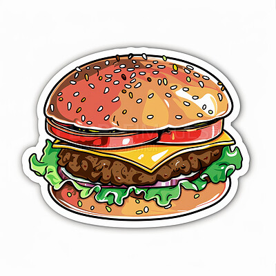 Sticker, art and illustration cartoon of hamburger with graphic patty, salad and cheese on bun in studio. Emoji, icon and comic fast food for logo, animation or creative emblem by white background.