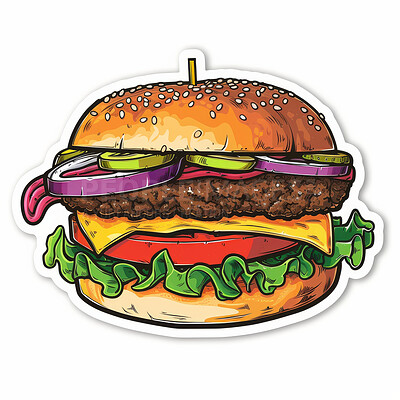 Sticker, creative and illustration cartoon of hamburger with graphic patty, salad and cheese on bun in studio. Emoji, icon and comic fast food for logo, animation or art emblem by white background.