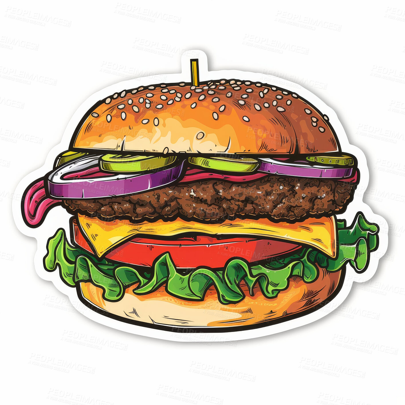 Buy stock photo Sticker, creative and illustration cartoon of hamburger with graphic patty, salad and cheese on bun in studio. Emoji, icon and comic fast food for logo, animation or art emblem by white background.