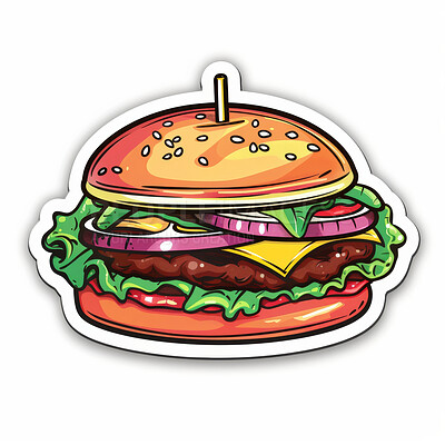 Sticker, graphic and illustration cartoon of hamburger with graphic patty, salad and cheese on bun. Emoji, icon and comic fast food for logo, animation or creative emblem isolated by white background