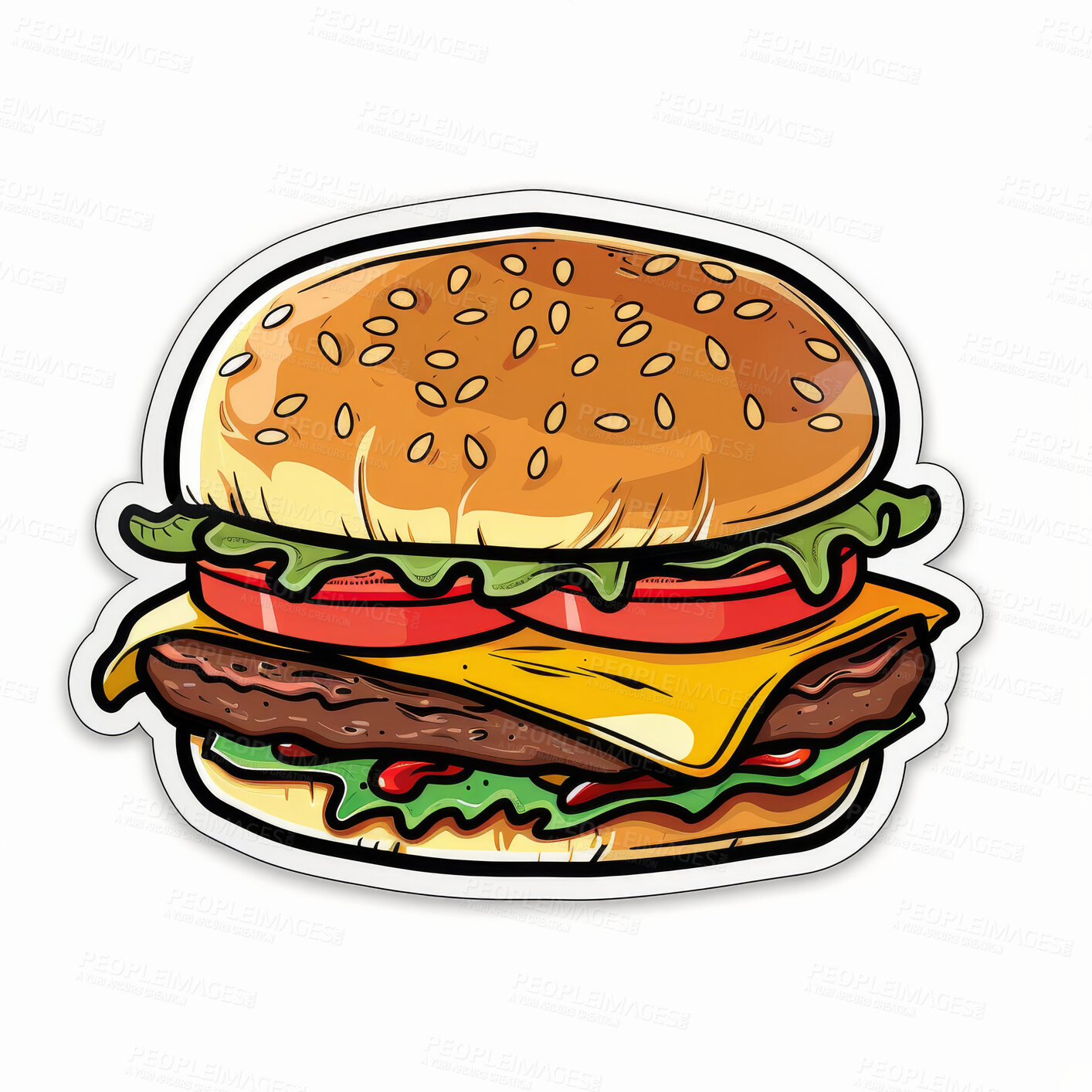 Buy stock photo Sticker, cartoon and illustration icon of hamburger with graphic patty, salad and cheese on bun. Emoji, abstract and comic fast food for logo, animation or art emblem isolated by white background.