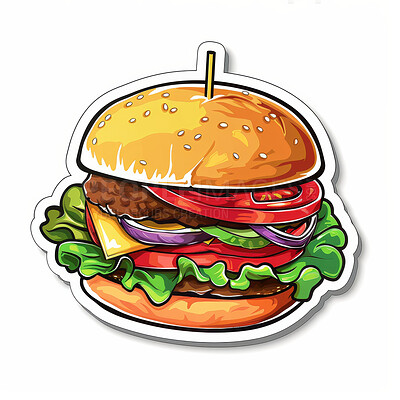 Sticker, icon and illustration cartoon of hamburger with graphic patty, salad and cheese on bun. Emoji, art and comic fast food for logo, animation or creative emblem isolated by white background.