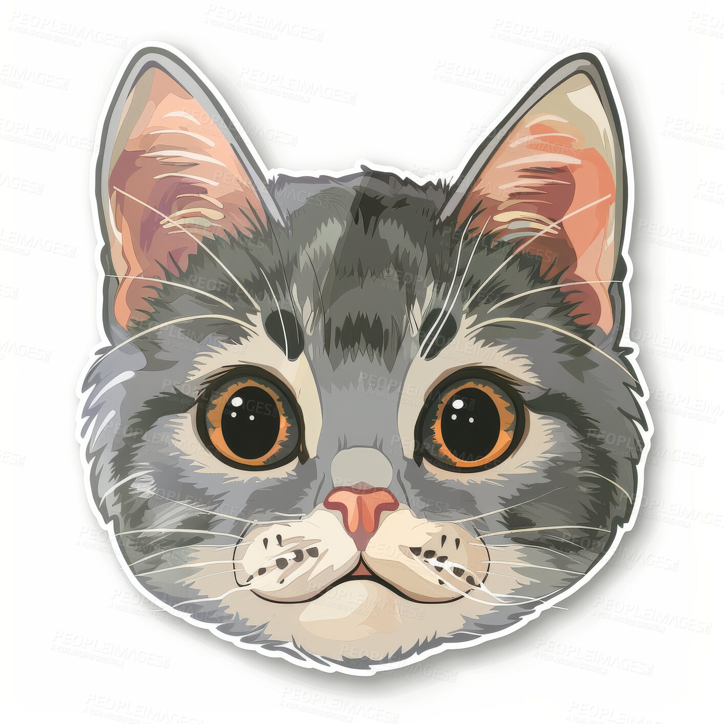 Buy stock photo Sticker, vinyl and portrait of cartoon cat isolated on white background for animal expression. Face, graphic and illustration for app, art or social media emoji of animal, feline or pet kitten