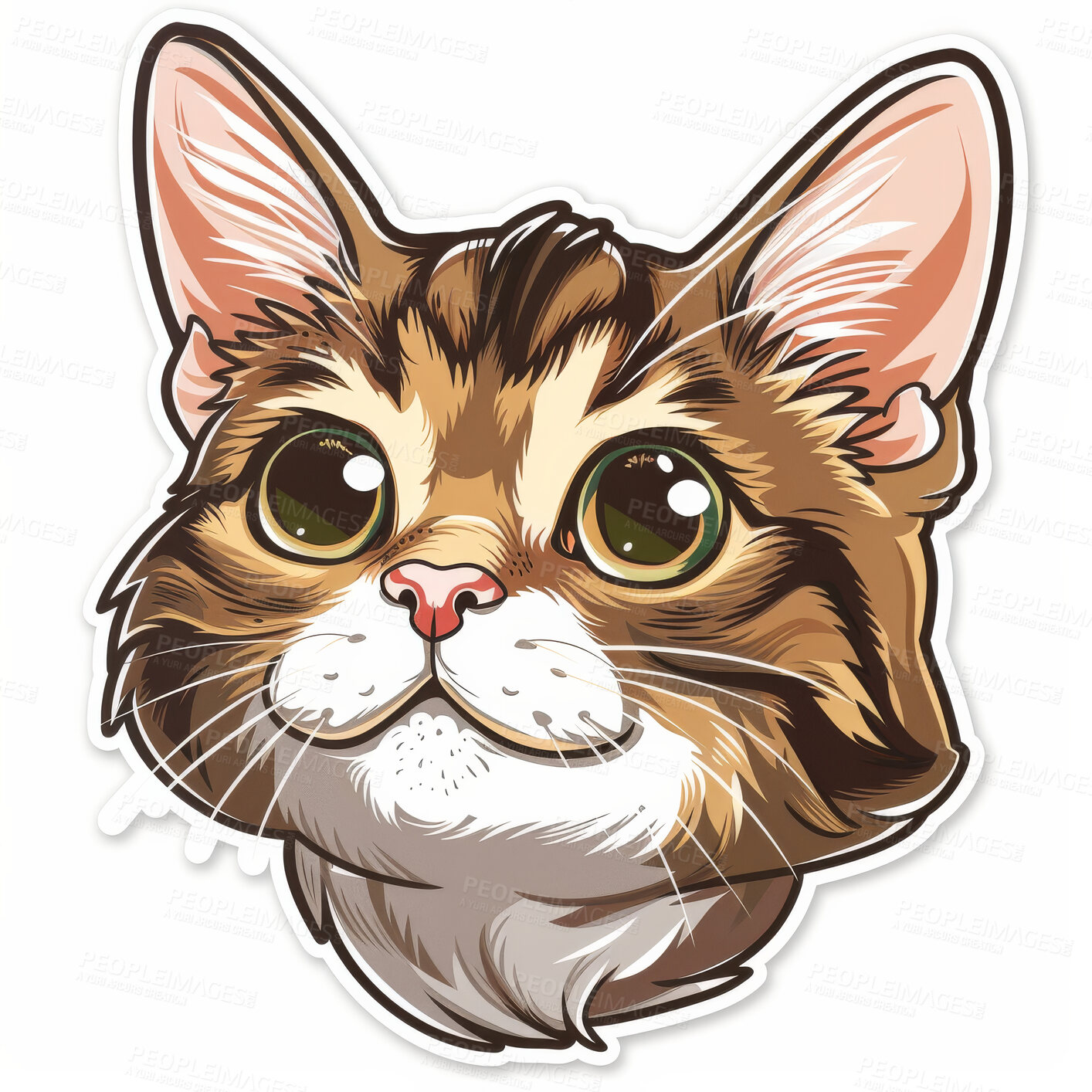 Buy stock photo Creative, sticker and face of cartoon cat isolated on white background for animal expression. Graphic, illustration and vinyl for app, art or social media emoji of animal, feline or pet kitten