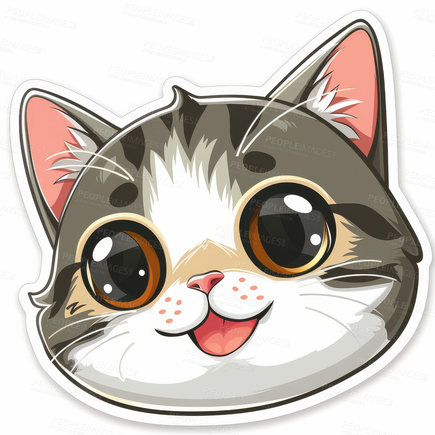 Buy stock photo Sticker, smile and portrait of cartoon cat isolated on white background for animal expression. Graphic, illustration and vinyl emoji for app, art or social media face of animal, feline or happy pet