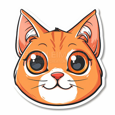 Creative, sticker and portrait of cartoon cat isolated on white background for animal expression. Face, graphic and vinyl illustration for app, art or social media emoji of animal, feline or pet