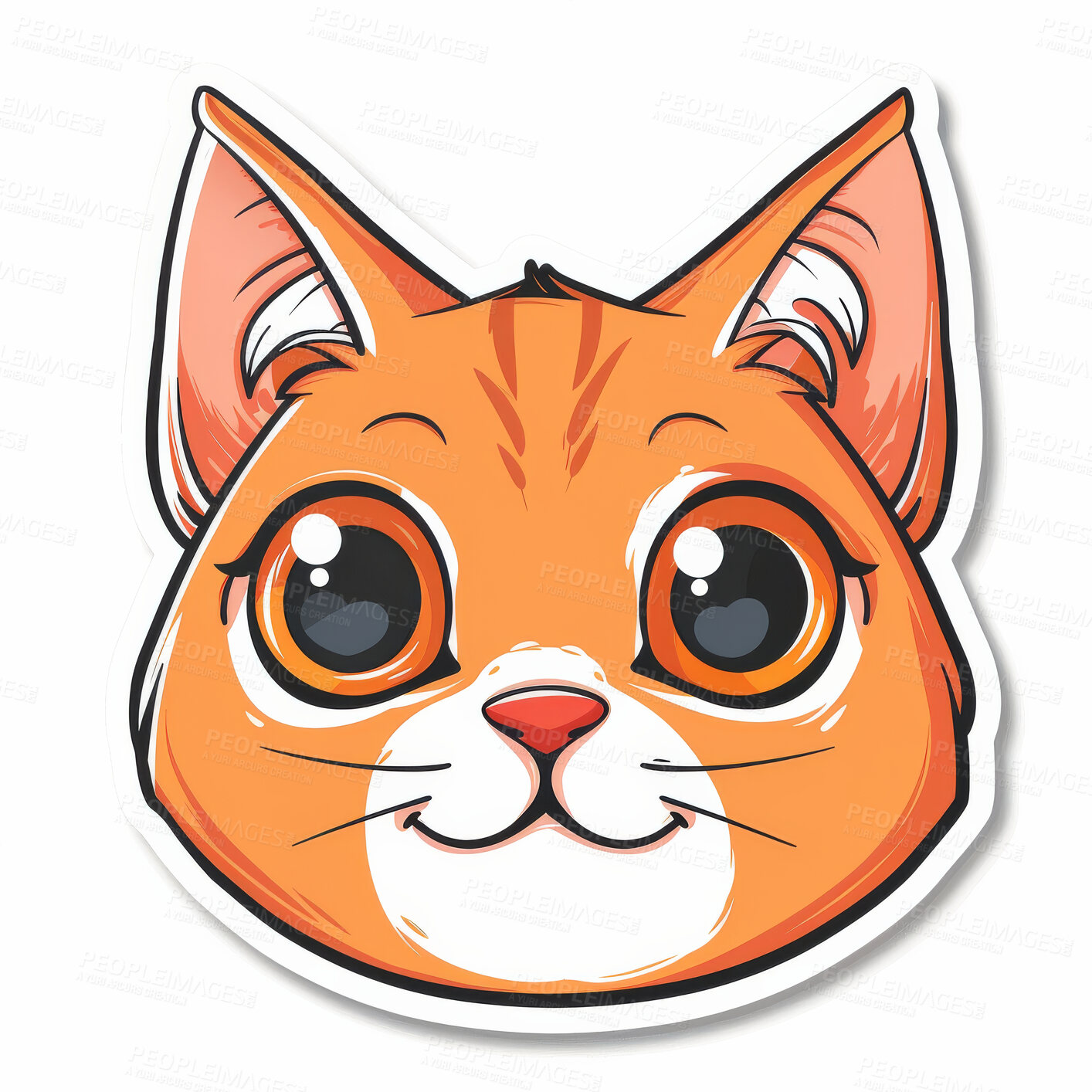 Buy stock photo Creative, sticker and portrait of cartoon cat isolated on white background for animal expression. Face, graphic and vinyl illustration for app, art or social media emoji of animal, feline or pet