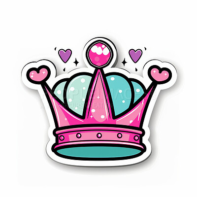 Crown, art and sticker illustration for Queen with heart for love in studio isolated on a white background. Icon, emoji and royal tiara for monarch, luxury or design for sign with logo on a backdrop