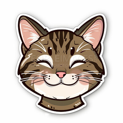 Buy stock photo Sticker, vinyl and face of cartoon cat isolated on white background for animal expression. Creative, graphic and illustration for app, art or social media emoji of animal, feline or pet kitten