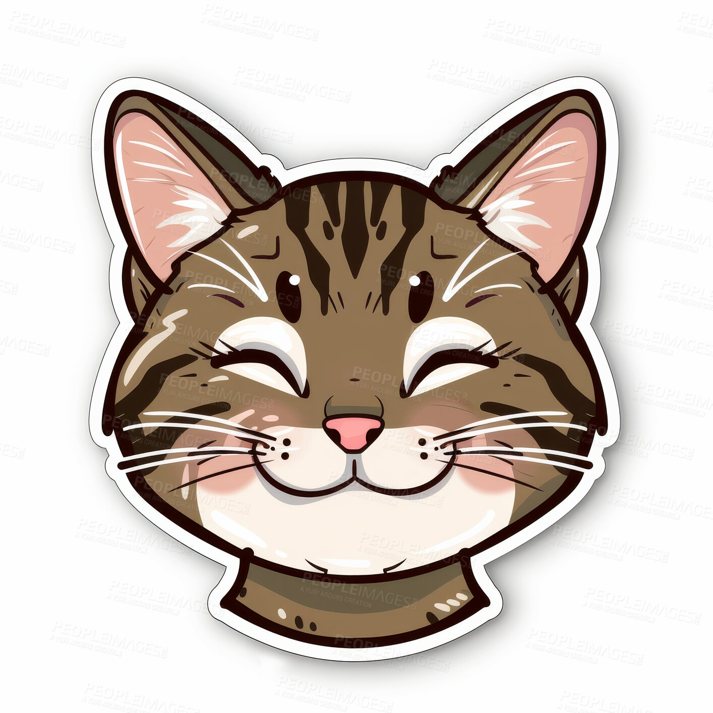 Buy stock photo Sticker, vinyl and face of cartoon cat isolated on white background for animal expression. Creative, graphic and illustration for app, art or social media emoji of animal, feline or pet kitten